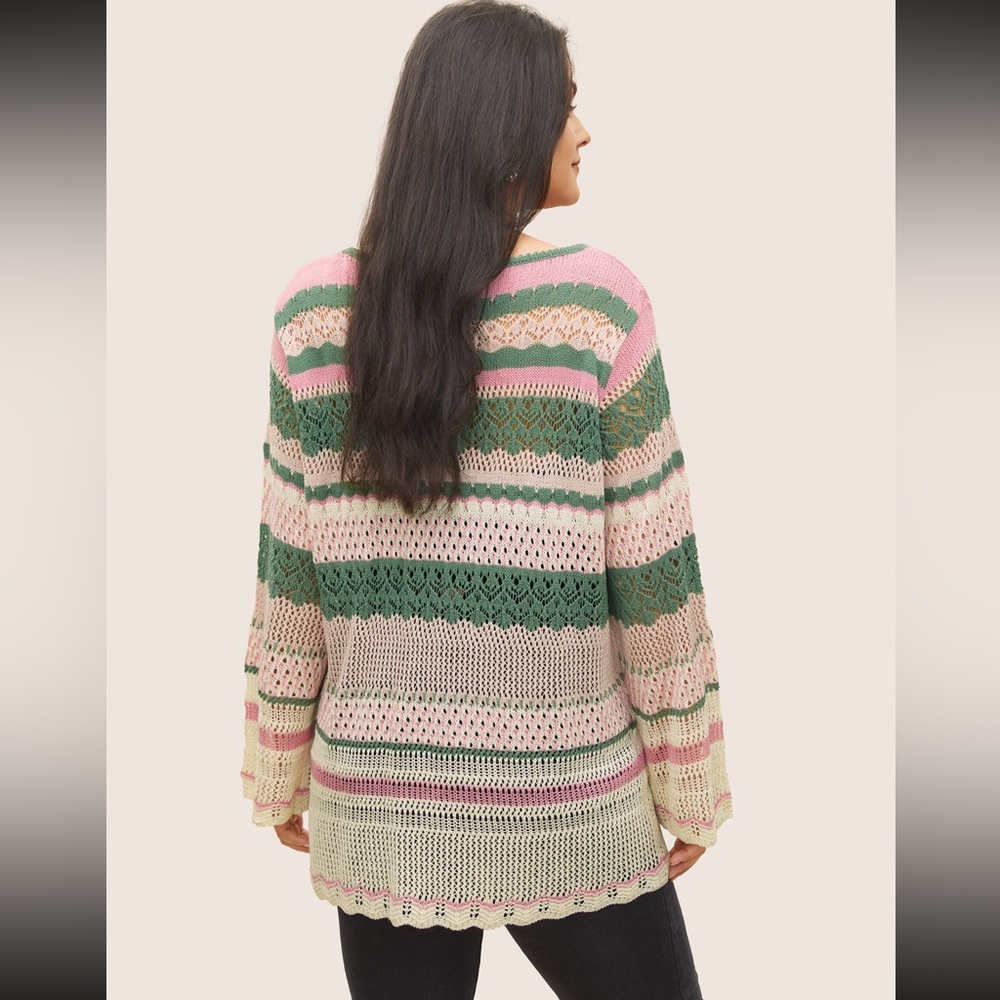 Contrast Stripped Bell Sleeve Pull Over - BloomChic Plus Size 1X